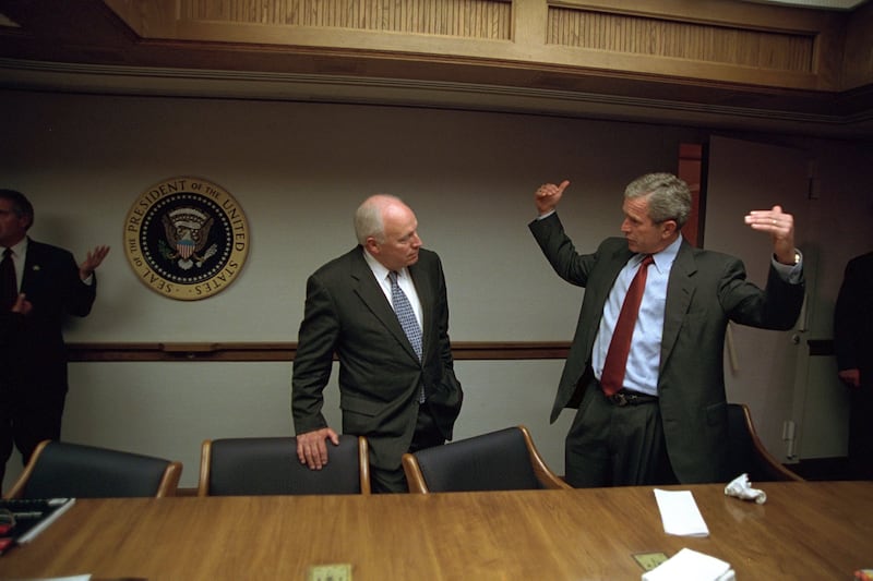 Former US president George W Bush (right) with Cheney in the president's Emergency Operations Centre on September 11th, 2001. Photograph: Eric Draper/Courtesy of the George W Bush Presidential Library/Getty
