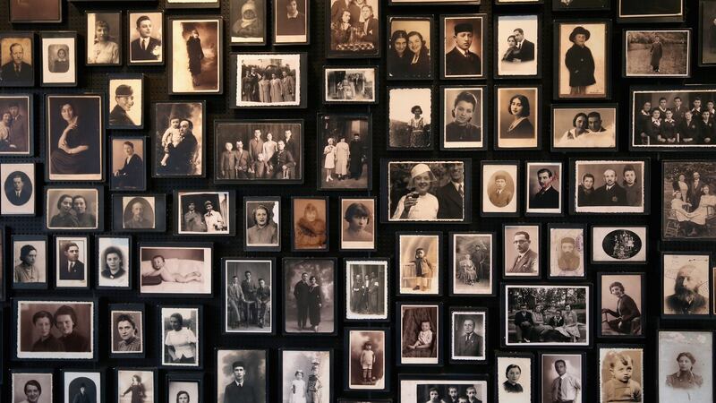 A small selection of the personal photographs taken from prisoners as they arrived at the Auschwitz II Birkenau extermination camp are displayed in  2014 in Oswiecim, Poland. Photograph:  Christopher Furlong/Getty Images