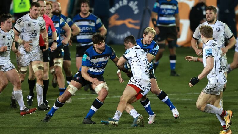 Mike Williams of Bath received a red card for this tackle on Kyle Moyle of Gloucester during the English Premiership last weekend. Photograph: Getty Images