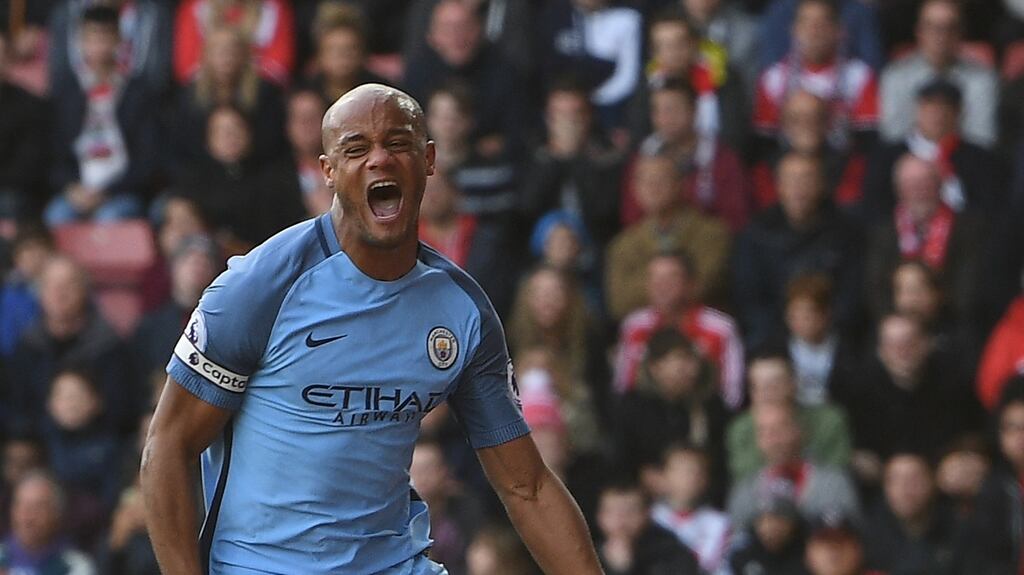 Manchester City’s Vincent Kompany celebrates scoring a goal against Southampton during the Premier League match at St Mary’s stadium. Photograph: Facundo Arrizabalaga/EPA
