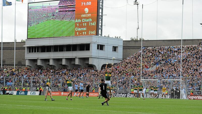 Dublin goalkeeper Stephen Cluxton fires the winning free into the Hill 16 end in the 2011 All-Ireland final against Kerry. Photograph: Brian Lawless/Sportsfile
