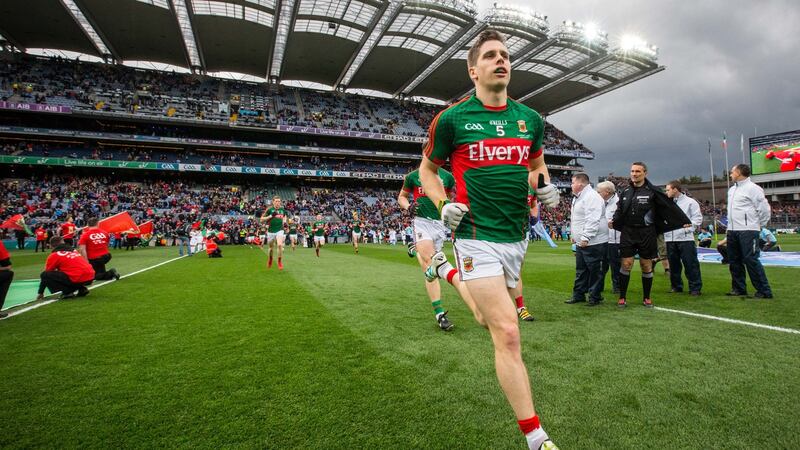 Lee Keegan and the Mayo team arrive out for the start of the All-Ireland final replay against Dublin in 2016. “I think the two teams will adapt well but the past experience will stand to Dublin,” says Keegan. Photograph: Cathal Noonan/Inpho