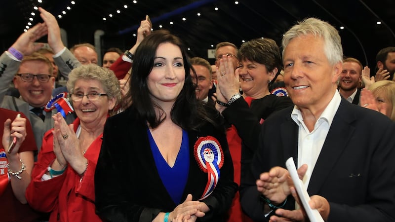 Emma Little Pengelly  after her win with her campaign manager, former first minister Peter Robinson. Photograph: Paul McErlane/EPA