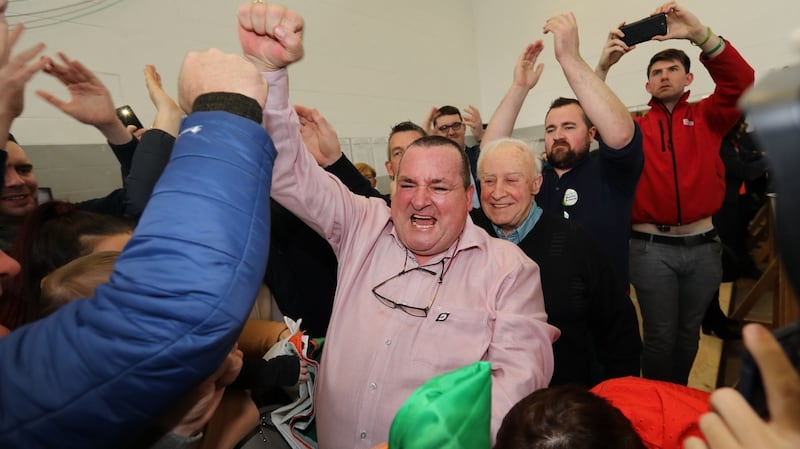 Martin Browne celebrates his election victory at the count centre in Thurles. Photograph: John D Kelly