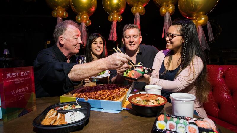Take that: from left, Peter Fortune of Eddie Rockets, winner of Best American category; Amanda Roche-Kelly,managing director, Just Eat Ireland; Stephen O’Brien, Firehouse Pizza, Best  Pizza and Mei Vuong, Zakura, Best  Japanese,   at the  Just Eat National Takeaway Awards on Tuesday. Photograph: Naoise Culhane