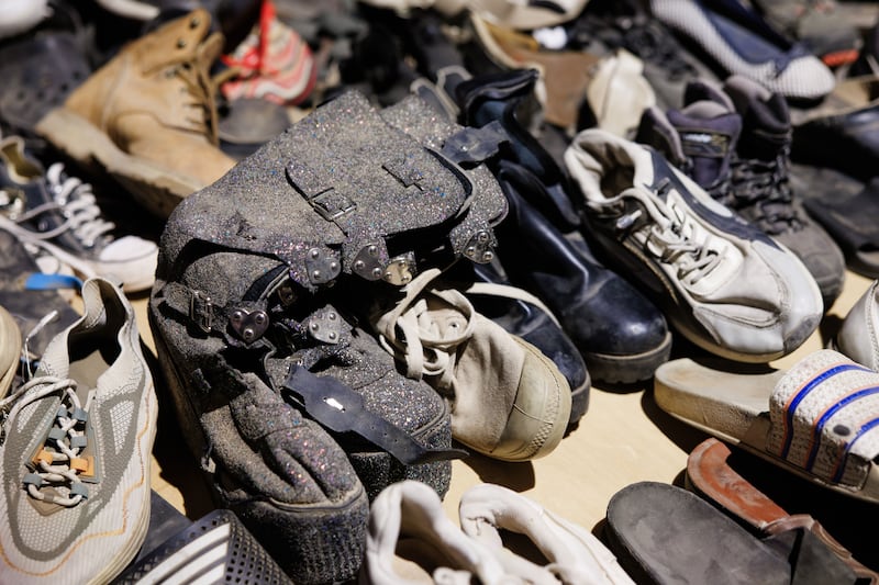 Found shoes on display at the Nova Music Festival exhibition at the former Tempelhof Airport in Berlin, Germany. Photograph: EPA