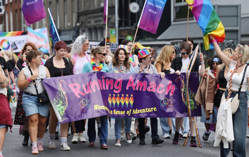 Marchers taking part in the Pride Parade in Dublin city centre on Saturday. Photograph: Bryan O’Brien