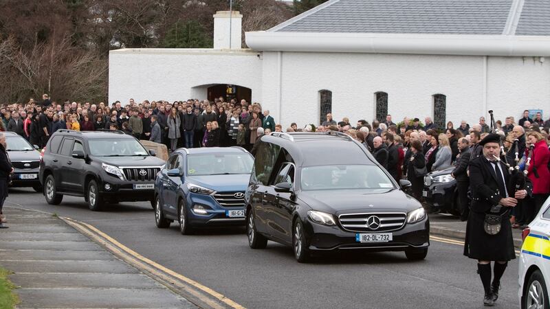 The  funeral cortege at Dawn Croke’s funeral leaving St Crona’s Church in Dungloe. Photograph: North West Newspix
