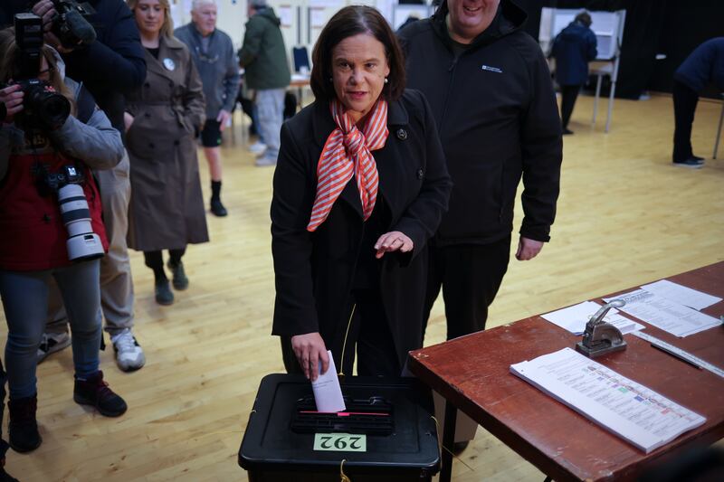 Sinn Féin leader Mary Lou McDonald casts her vote in the general election at the Deaf Village in Cabra. Photograph: Chris Maddaloni/The Irish Times