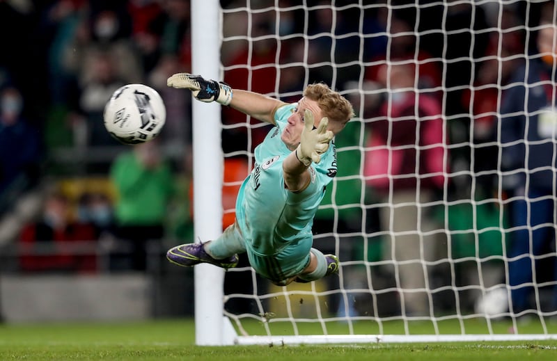 Bohemians' goalkeeper James Talbot fails to stop Robbie Benson of St Pats' penalty which clinched the FAI Cup in 2021. Photograph: Evan Treacy/Inpho