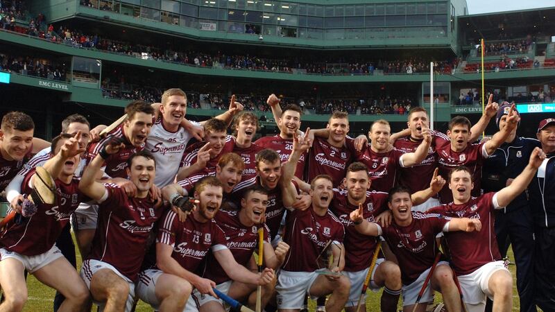 Galway  celebrating after winning the  Fenway Hurling Classic at Fenway Park, Boston, in 2015. Photograph: Emily Harney/Inpho