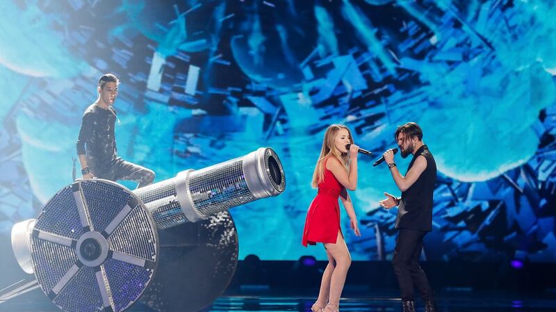 Ilinca and Alex Florea from Romania perform the song ‘Yodel It!’ during rehearsals. Photogrpah: Sergey Dolzhenko/EPA