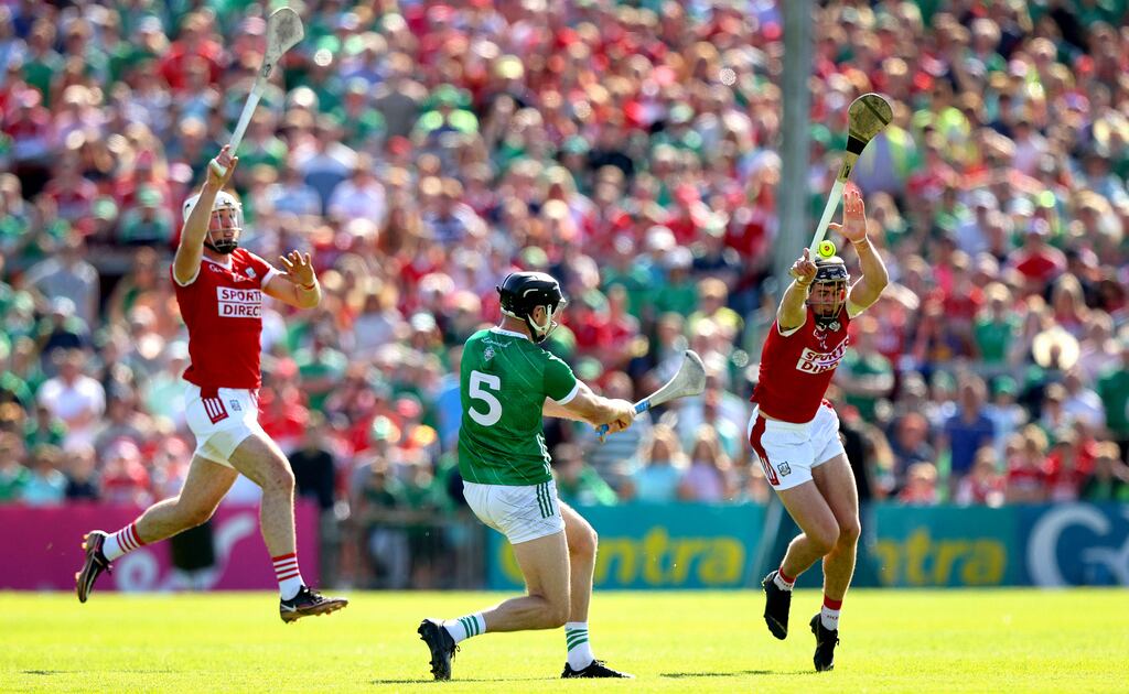 Limerick's Diarmaid Byrnes and Cork's Ger Mellerick in action during the classic Munster championship clash last summer at the TUS Gaelic Grounds which Limerick won 3-25 to 1-30. Photograph: Ryan Byrne/Inpho