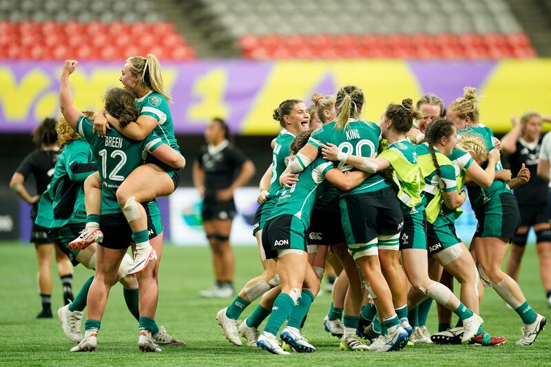 Ireland players celebrate their victory over New Zealand at the WXV1 tournament in Vancouver. Photograph: Rich Lam/World Rugby via Getty Images