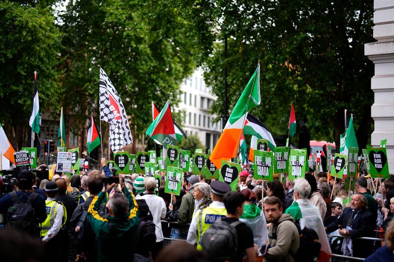 Supporters of Kneecap's Liam Óg Ó hAnnaidh outside Westminster Magistrates' Court, London. Photograph: Jordan Pettitt/PA Wire