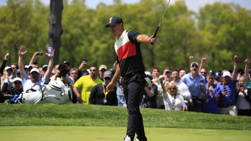 Brooks Koepka reacts after sinking his putt on the ninth hole during the first round of the US  PGA Championship at Bethpage Black in Farmingdale, New York. Photograph: Tannen Maury/EPA