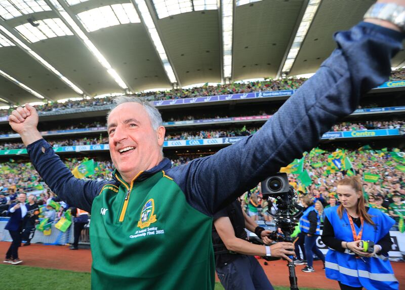 Meath manager Eamonn Murray celebrates the final whistle. Photograph: Tom Maher/Inpho
