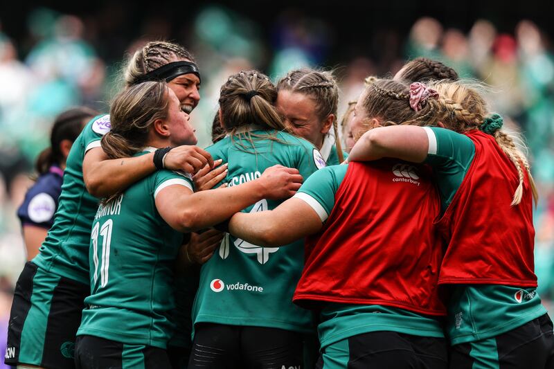 Ireland's Stacey Flood celebrates with team-mates after scoring a try. Photograph: Ben Brady/Inpho