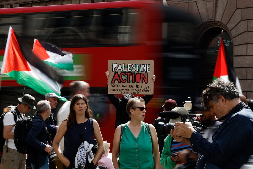 Protesters gather outside the High Court in London on July 4th, 2025 to support a challenge to the British home secretary's decision to proscribe Palestine Action under anti-terror laws. Photograph: Benjamin Cremel/AFP via Getty Images