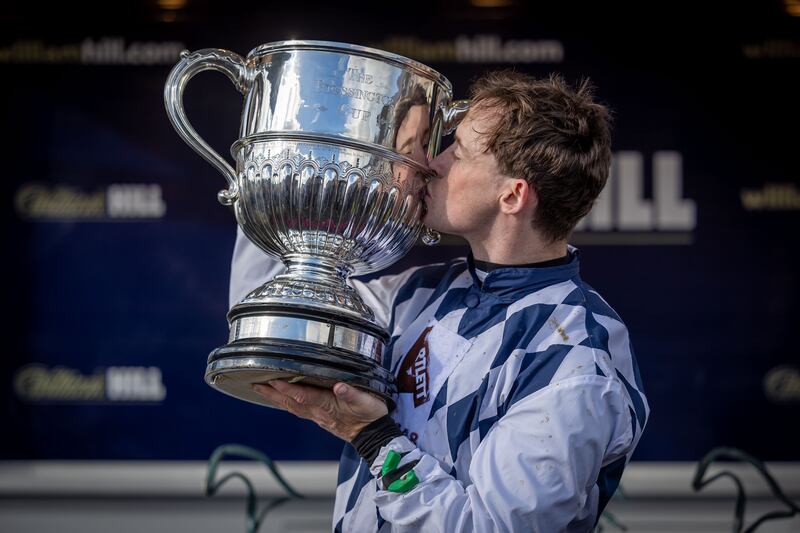 JJ Slevin celebrates Banbridge's success at the 2024 Punchestown Festival. Photograph: Morgan Treacy/Inpho