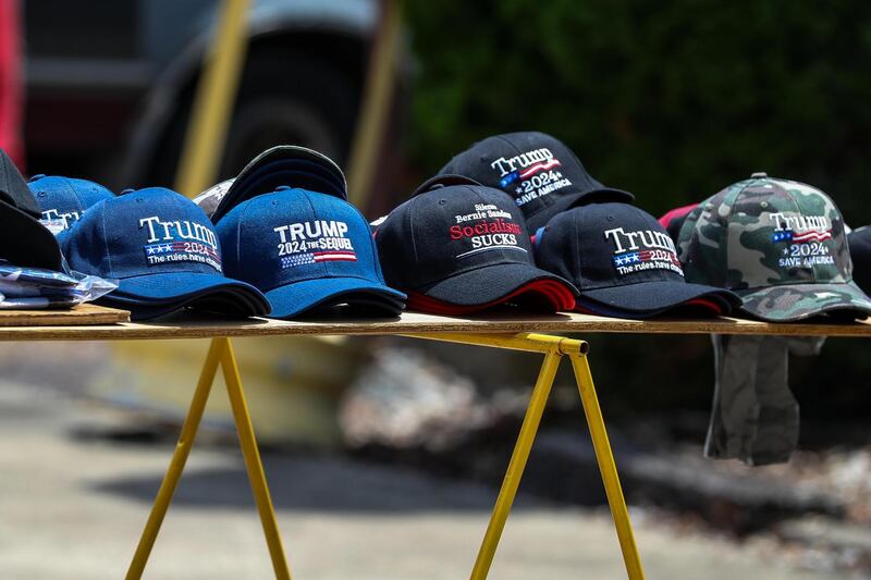 Trump 2024 hats. Photograph: Paul Weaver/SOPA Images/LightRocket via Getty Images