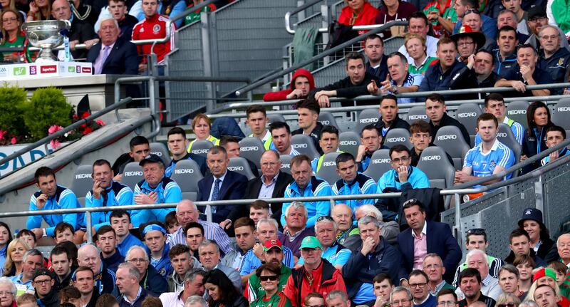 The Dublin bench look on at the All-Ireland SFC final between Dublin and Mayo at Croke Park on September 17th, 2017. Photograph: James Crombie/Inpho