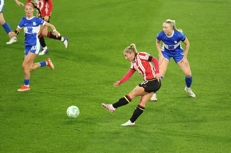 Ellon Molloy scores against Birmingham as former Ireland team-mate Birmingham's Louise Quinn (right) looks on. 'I remember not feeling one bit of happiness. There was none of the usual joy when you score.' Photograph: George Wood/Getty Images