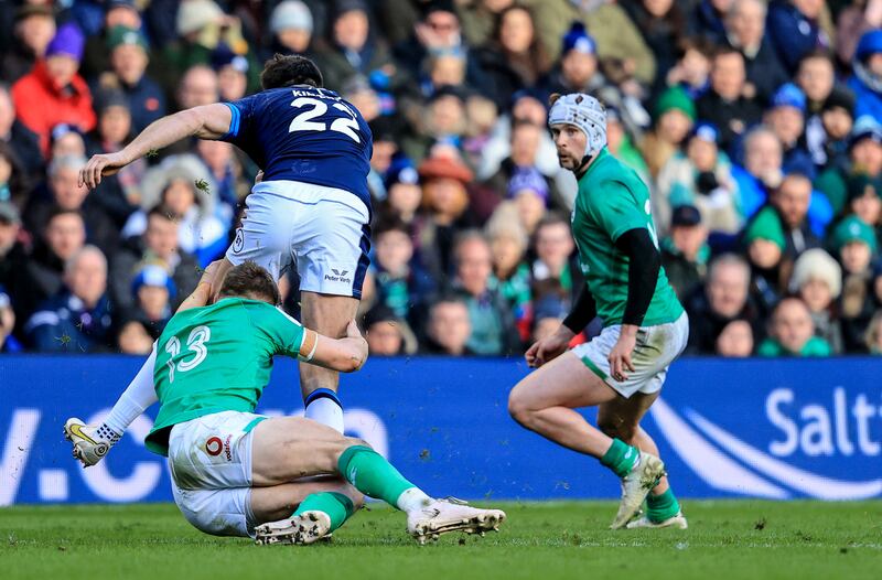 Garry Ringrose embraced the low, power tackle technique but just as he accelerated into contact Blair Kinghorn shifted his body slightly and it was an accidental head on hip collision. PhotographL Dan Sheridan/Inpho 