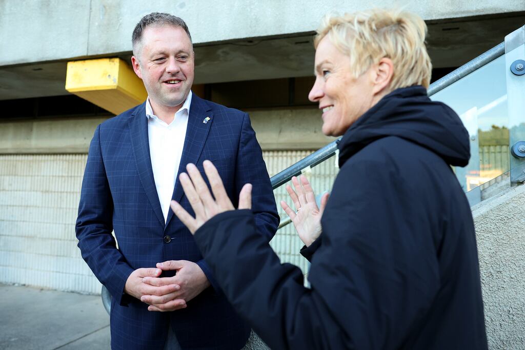 Ireland head coach Vera Pauw talks with Minister of State for Sport Thomas Byrne during a training session at Sydney Football Stadium on Wednesday ahead of the World Cup opener against Australia. Photograph: Mark Metcalfe/Fifa via Getty Images