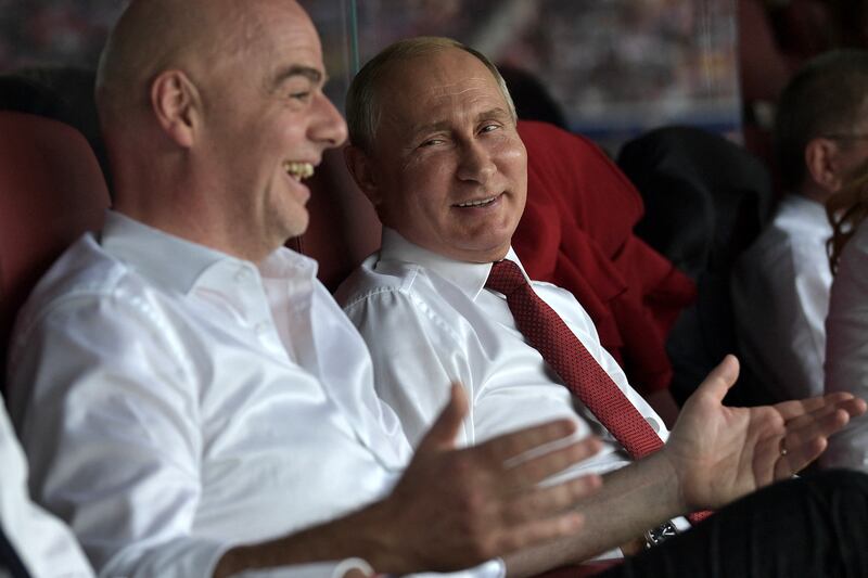 Gianni Infantino not annoying Vladimir Putin at the 2018 World Cup. Photograph: Alexey Nikolsky/Sputnik/AFP via Getty Images