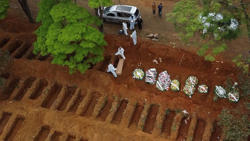 An aerial view of Vila Formosa cemetery as open graves are being prepared on Thursday amid the coronavirus pandemic in Sao Paulo, Brazil. Photograph:  Alexandre Schneider/Getty Images