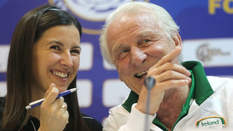 Translator Manuela Spinelli and manager Giovanni Trapattoni at an Ireland press conference in Astana in 2012. Photograph: Lorraine O’Sullivan/Inpho