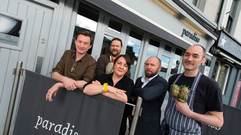 Denis Cotter, Ultan Walsh, Geraldine O’Toole, Dave O’Mahony, Encho Lopez outside Paradiso on  Washington Street, Cork. Photograph: Michael Mac Sweeney/Provision