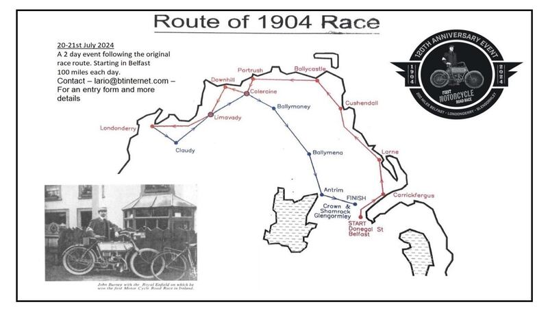 Map of re-enactment route.

J P Burney with the Royal Enfield on which he won the world's first motorcycle race in 1904.