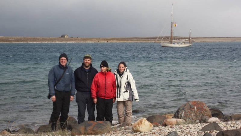 Andrew Wilkes, Dermot O’ Riordan, Máire Breathnach and Sibéal Turraoin at Bernard Harbour, Nunavut, Canada. Photograph: Sibéal Turraoin