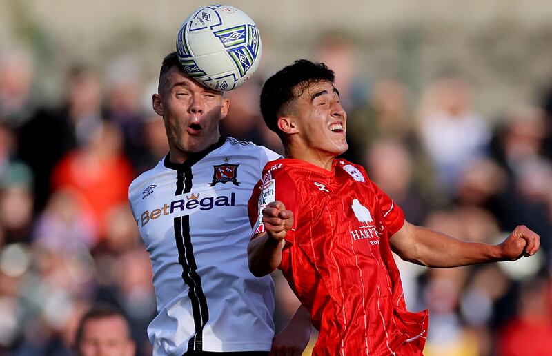 Dundalk’s Lewis Macari and Jad Hikiki of Shelbourne during the goalless draw between the two sides. Photograph: James Crombie/Inpho