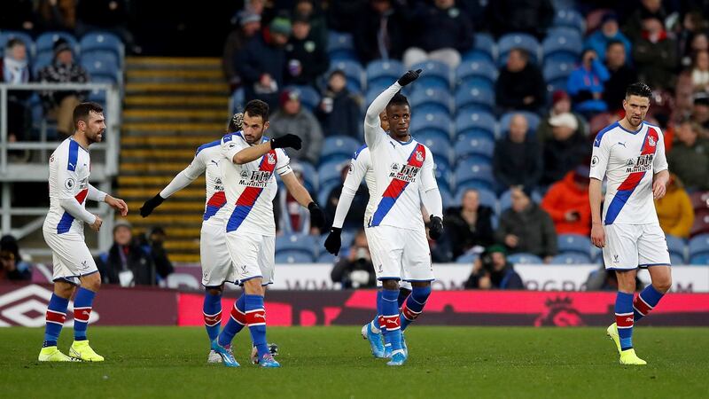 Crystal Palace’s Wilfried Zaha  celebrates scoring against Burnley.  Photo: Martin Rickett/PA Wire.
