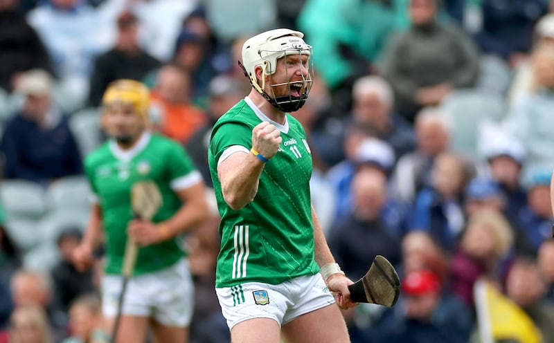 Limerick’s Cian Lynch celebrates scoring a point. Photograph: James Crombie/Inpho