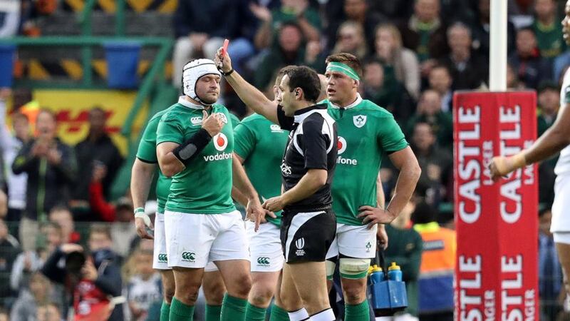 Ireland’s CJ Stander receives a red card from referee Mathieu Raynal during the  first Test against South Africa at Newlands in Cape Town. Photograph: Billy Stickland/Inpho