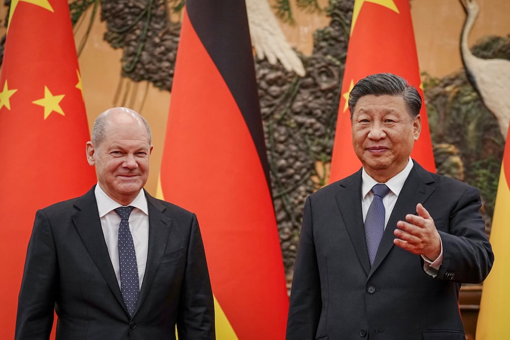 German chancellor Olaf Scholz and Chinese President Xi Jinping in Beijing. Xi urged Germany and the European Union to play a central role in facilitating peace talks between Russia and Ukraine. Photograph: Kay Nietfeld/AP
