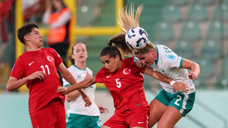 Turkey’s Kader Hançar and Sejde Abrahamsson with Ireland's Jessie Stapleton. Photograph: Ryan Byrne/Inpho