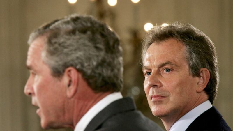 In 2002, Blair affirmed his lapdog bona fidos by sending W a note saying “I will be with you, whatever.” Photograph: Jason Reed/Reuters