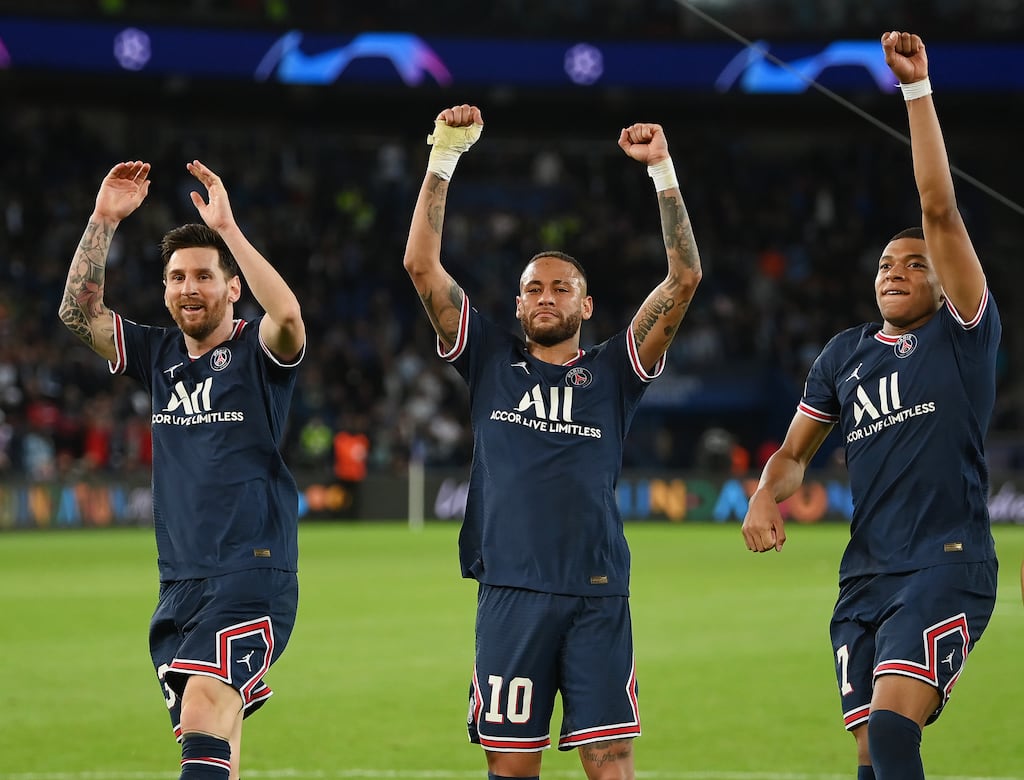 Messi, Neymar and Mbappe of Paris Saint-Germain celebrate after victory in a Champions League match against Manchester City at Parc des Princes, Paris, on September 28th, 2021. Photograph: Matthias Hangst/Getty Images