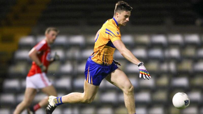 Clare’s Jamie Malone in action against Cork at Saturday’s Allianz Football League Division Two match in Páirc Uí Rinn Photograph: Ken Sutton/Inpho