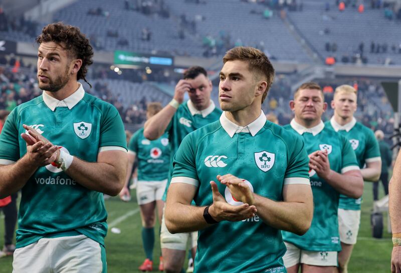 Ireland's Caelan Doris and Jack Crowley after the game against New Zealand. Photograph: Dan Sheridan/Inpho