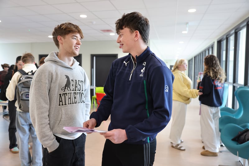 Leaving cert students Jack Winkless, (left) and Callum Reid, following English paper 1 at Belmayne Educate Together Secondary School, Belmayne, Dublin. Photograph: Dara Mac Dónaill