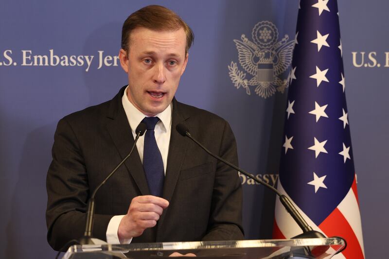 US national security adviser Jake Sullivan speaks at a press conference in Tel Aviv, Israel, on Thursday. Photograph: Abir Sultan/Pool