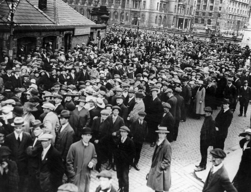 August 10th, 1920: Sinn Féin demonstrators gather  at Liverpool’s Pier Head for the arrival of Cardinal Daniel Mannix of Melbourne, who gave influential support to the Irish cause during the War of Independence. Photograph: Firmin/Topical Press Agency/Getty Images