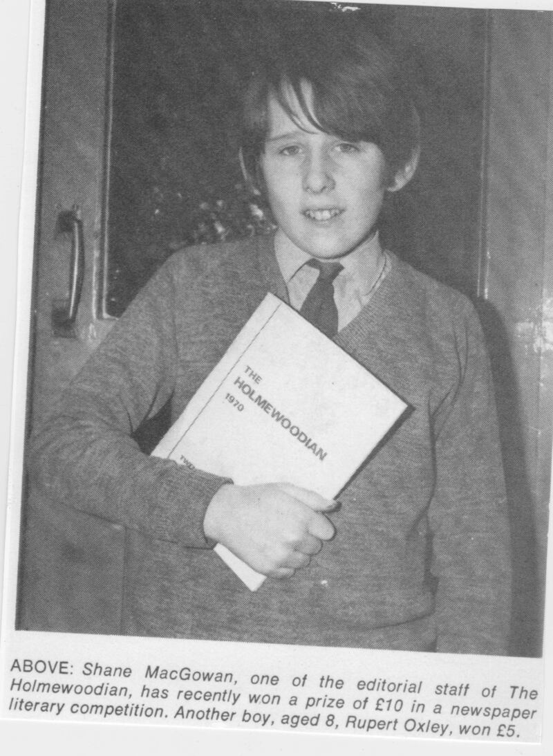 Shane MacGowan with The Holmewoodian, his prep school’s magazine.