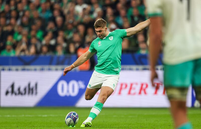 Ireland’s Jack Crowley kicks a late penalty. Photograph: Dan Sheridan/Inpho